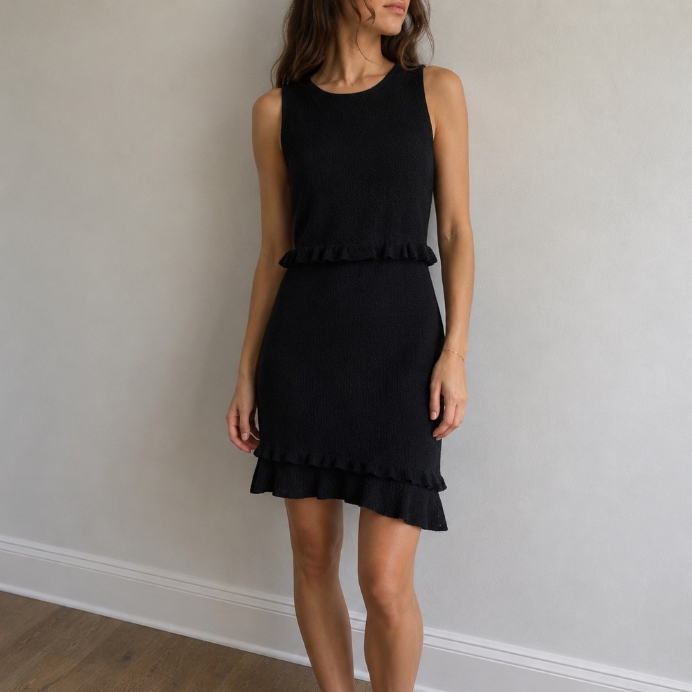 Ronny‎ Kobo Black Ribbed Ruffle Sleeveless Knit Dress Medium Whimsigoth Coquette